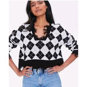 Just Polly New York Knit Argyle Cropped Fringe Sweater Women's Juniors small